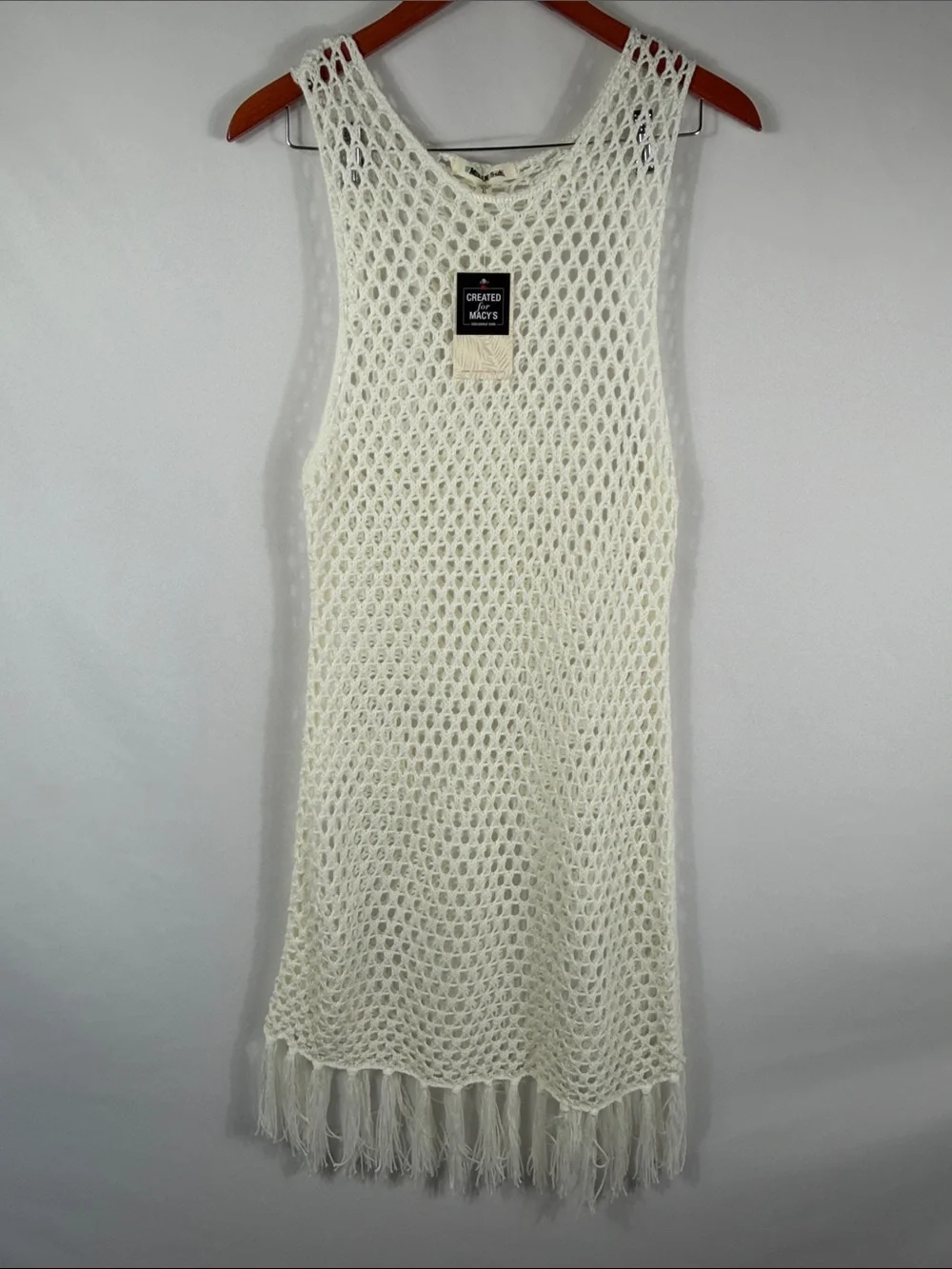 Miken Swim Cream Open Crochet Fringe Tank Midi Dress Coverup. Womens Size XL